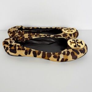 Tory Burch Animal Print Flats with Gold Emblem